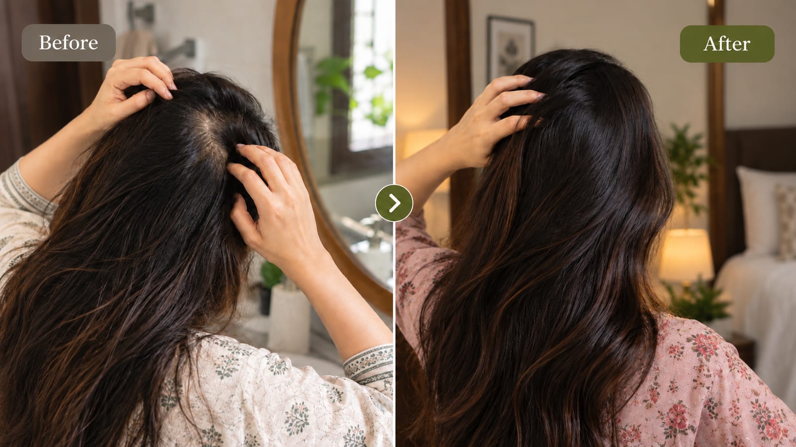 Before and after regular use of RYP Herbal Hair Oil, showing fuller hair through the part